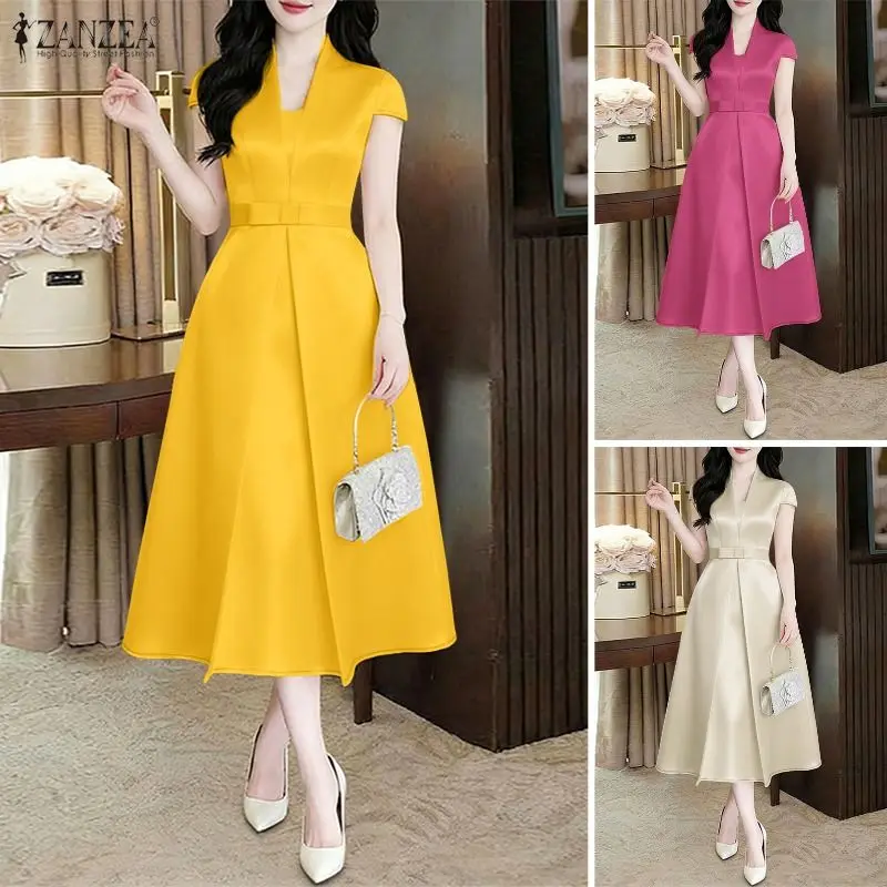 2026 ZANZEA Elegantes Partykleid Stilvolles Damen V-Ausschnitt Satin-Kleid Sommer Kurzarm Einfarbiges Plissiertes Arbeitskleid A-Linie Vestidos