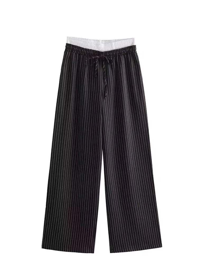 

HH 2024, женские элегантные длинные широкие брюки в полоску, повседневные лоскутные брюки на шнурке, модные офисные женские прямые брюки