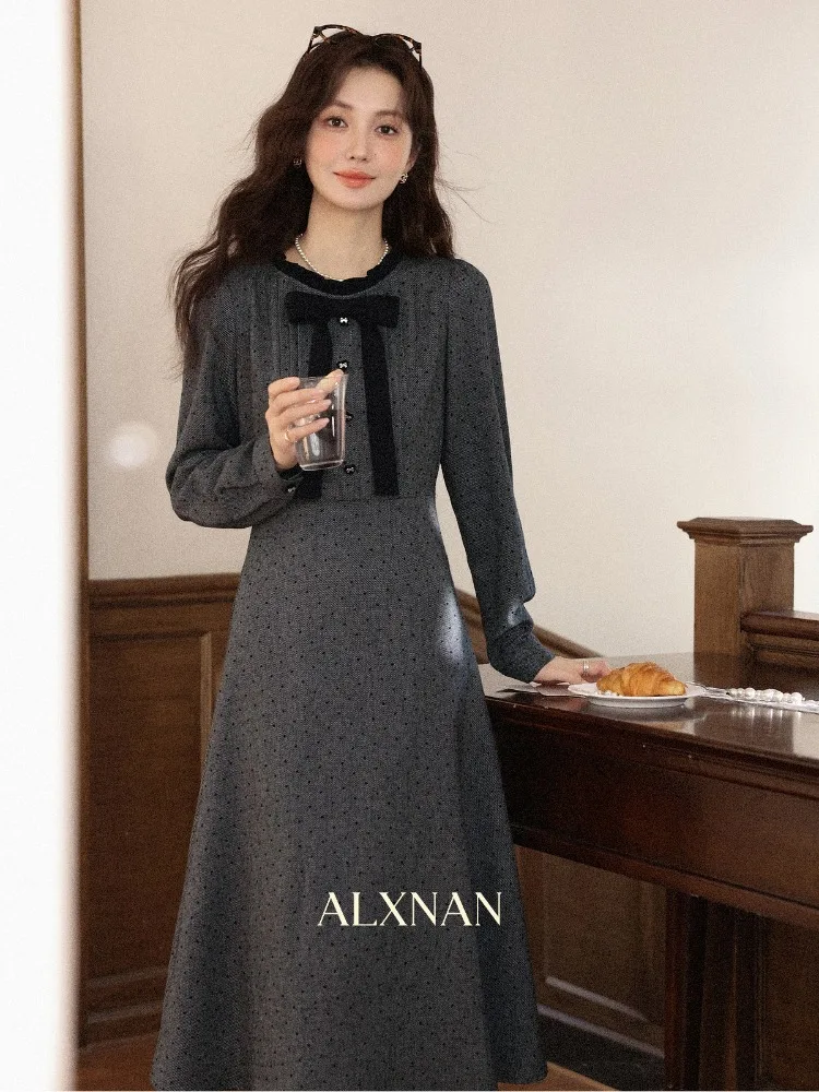 

ALXNAN Elegant Gray Long Sleeve Dress Women Winter High Waist Slim Vintage Party Dress Female Clothing DYL662182
