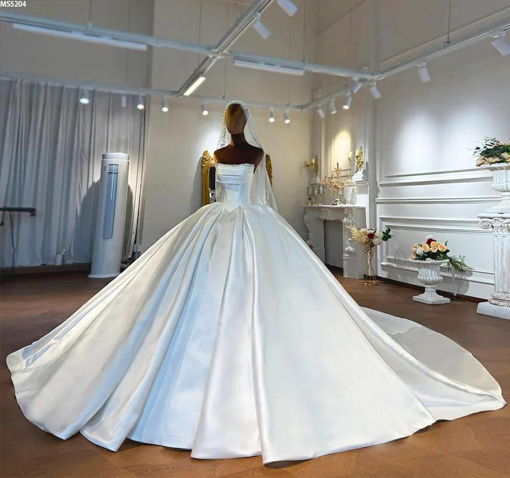 Strapless Satin Ball Gown Wedding Dress Beaded Neckline With Corset Bodice And Train Evening Dress Customizable