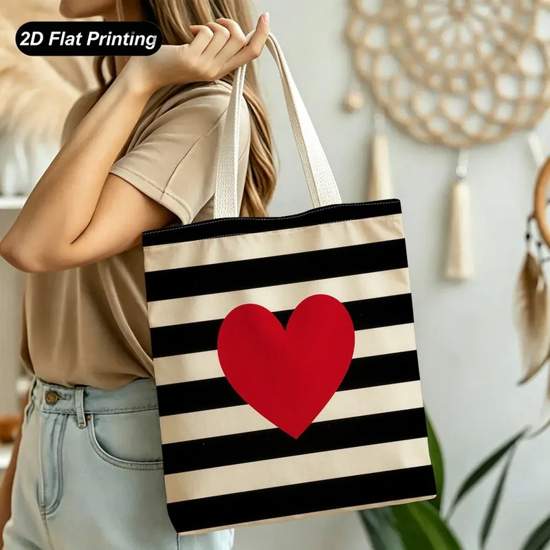 Tote Bag Women's Handbag Black striped Tote Bag  with red heart print Lightweight and large capacity Adapted Shopping