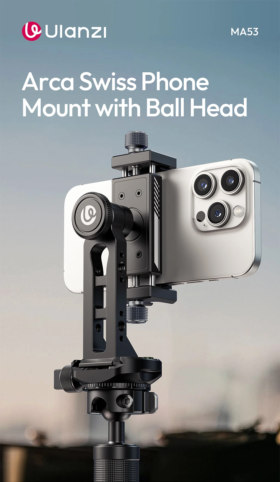 Ulanzi MA53 Arca Swiss Telefonhalterung mit Kugelkopf 360° ° Rotations-Handyhalter aus Metall für Fotografie, Livestreaming, Vlog-Aufzeichnung – Detail 1