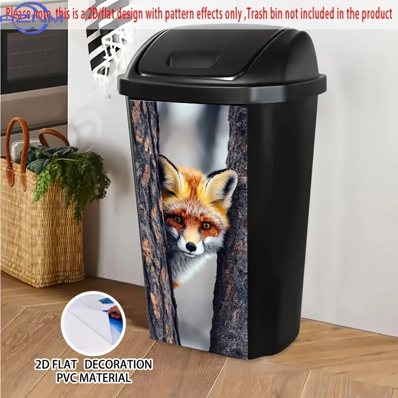 1pc Realistic Fox Peeking Between Trees Self-Adhesive Dustbin Sticker - x cm PVC Decal for Trash Cans, Walls, Kitchen Decor -