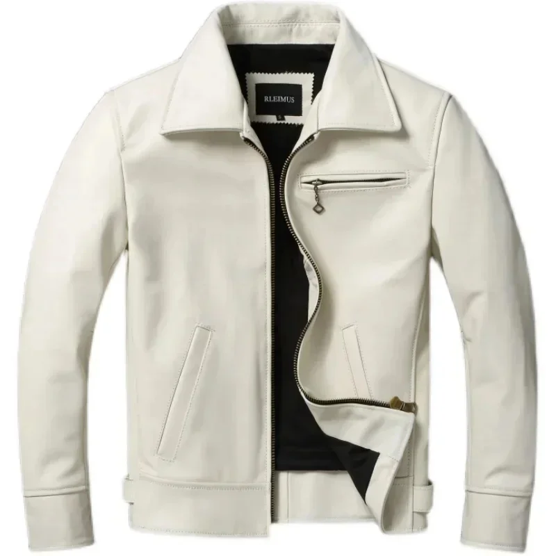 Fashion Off White Cow Leather Jacket for Men Slim Fit Genuine Cowhide Coat Spring Autumn Male Clothes