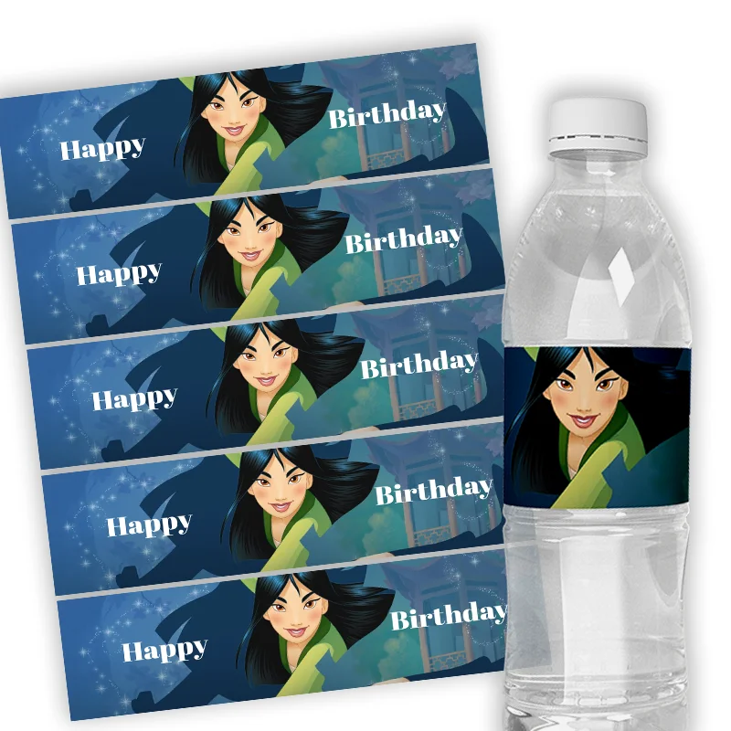 6pcs Personalized Disney Mulan Custom Water Bottle Labels Waterproof Kids Baby Shower Birthday Party Bottle Stickers Decorations