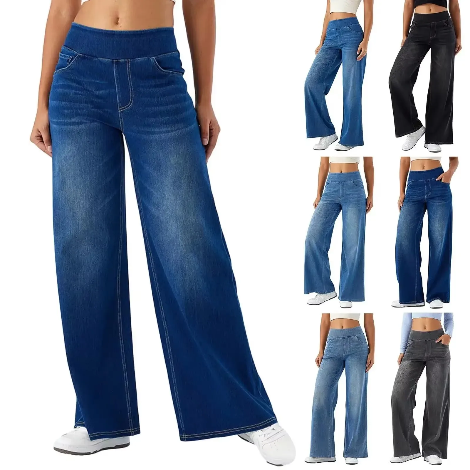 Jeans for Woman Y2k Jeans Baggy Jeans Stretchy Fabric Loose Straight Leg Ribbed Waist Design Modern Trousers Urban Fashion