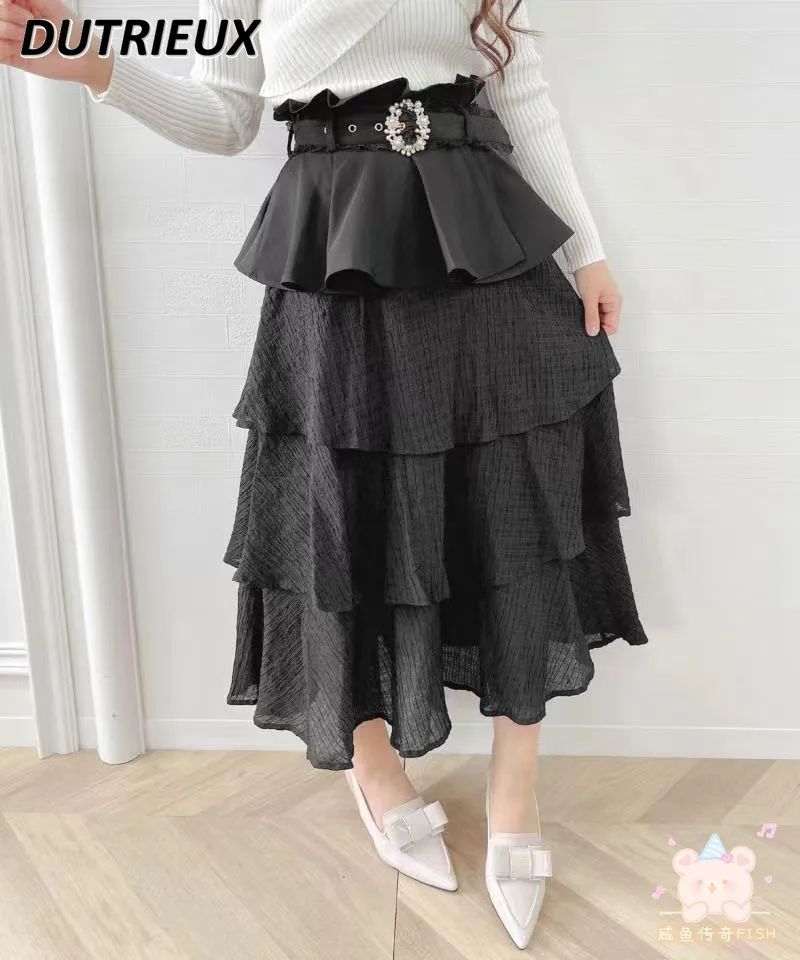 

Japanese Style New Multi-Layer Irregular Belt Decorative Maxi Skirt Sweet Mass-Produced All-Matching Sweet Girls Long Skirts