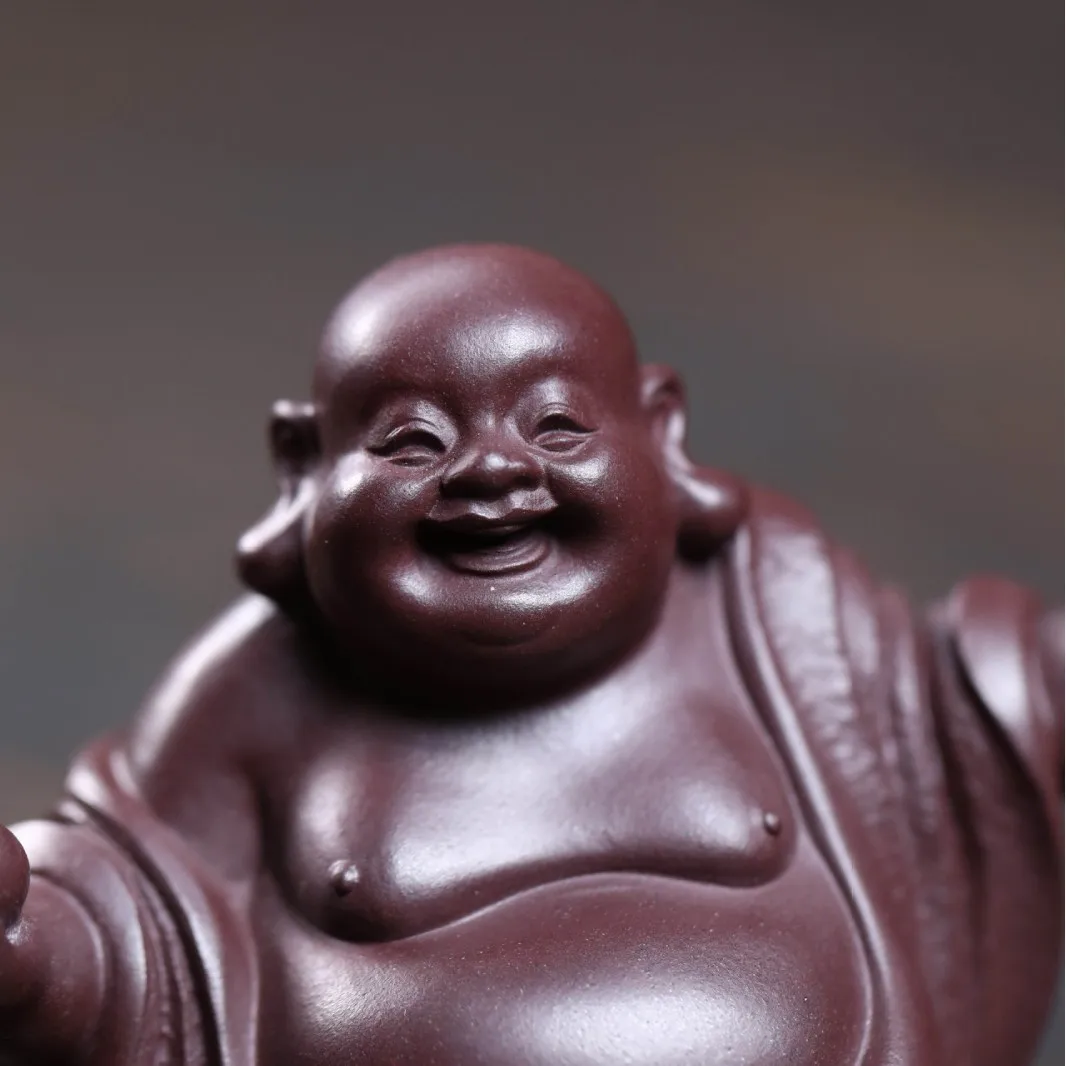 Purple Clay Pet Maitreya Buddha, Collectible Ornament, Handcrafted By A Famous Artist, Exquisite Laughing Buddha Figurine, Small view 4