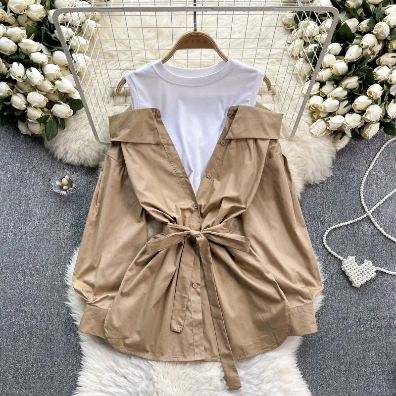 OCEANLOVE Fake 2 Pieces Women Shirts&blouses Spring Autumn Sweet Patchwork Blusas Mujer Korean Fashion Bows Elegant Camisas