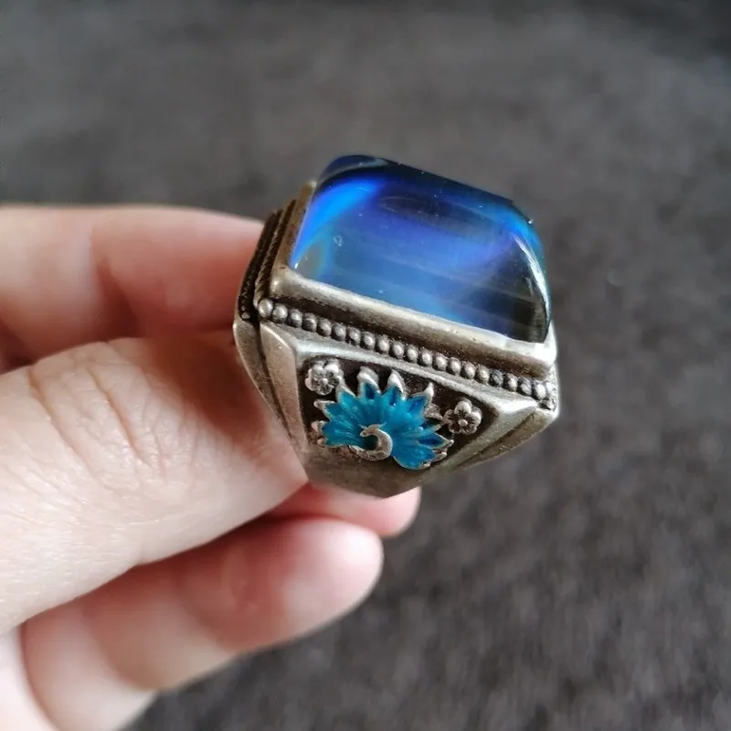 Antique Vintage Retro Silver Color-Changing Gemstones, Adjustable Size, With Aged Patina, Peacock Ring