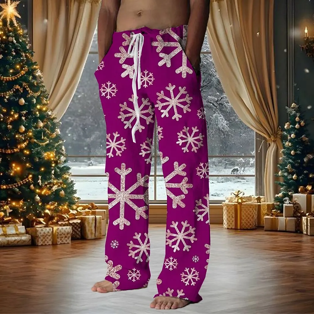 2025 Pantaloni da uomo con fiocco di neve di Natale Pantaloni con coulisse in vita elastica Pantaloni casual a gamba dritta per feste di Natale
