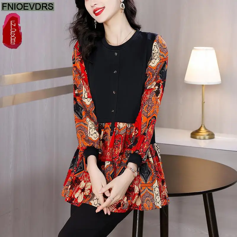 Loose Clothes Women 2024 Autumn Winter Elegant Office Lady Button Shirts Casual Retro Vintage Flower Tunic Peplum Tops Blouses