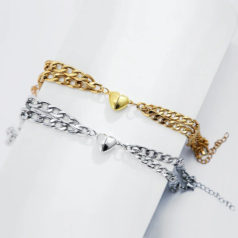 Gold Color Magnet Couple Bracelets Heart Attraction Bracelet Stainless Steel Charm Simple Cuban Chains Key Lock Jewelry Gifts