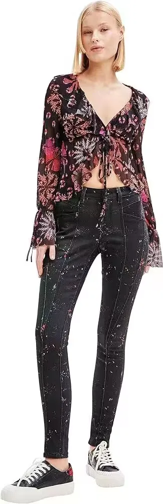 

Импортные испанские брюки с вышивкой цветов, женские повседневные джинсы с зауженными штанинами.