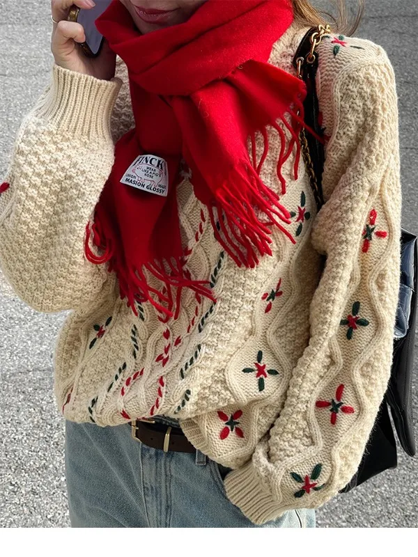 

Korean Style Sweet Personality Twisted Knit Sweater Women's Autumn Winter Vintage Design Loose Fit Outerwear Lazy Style Top