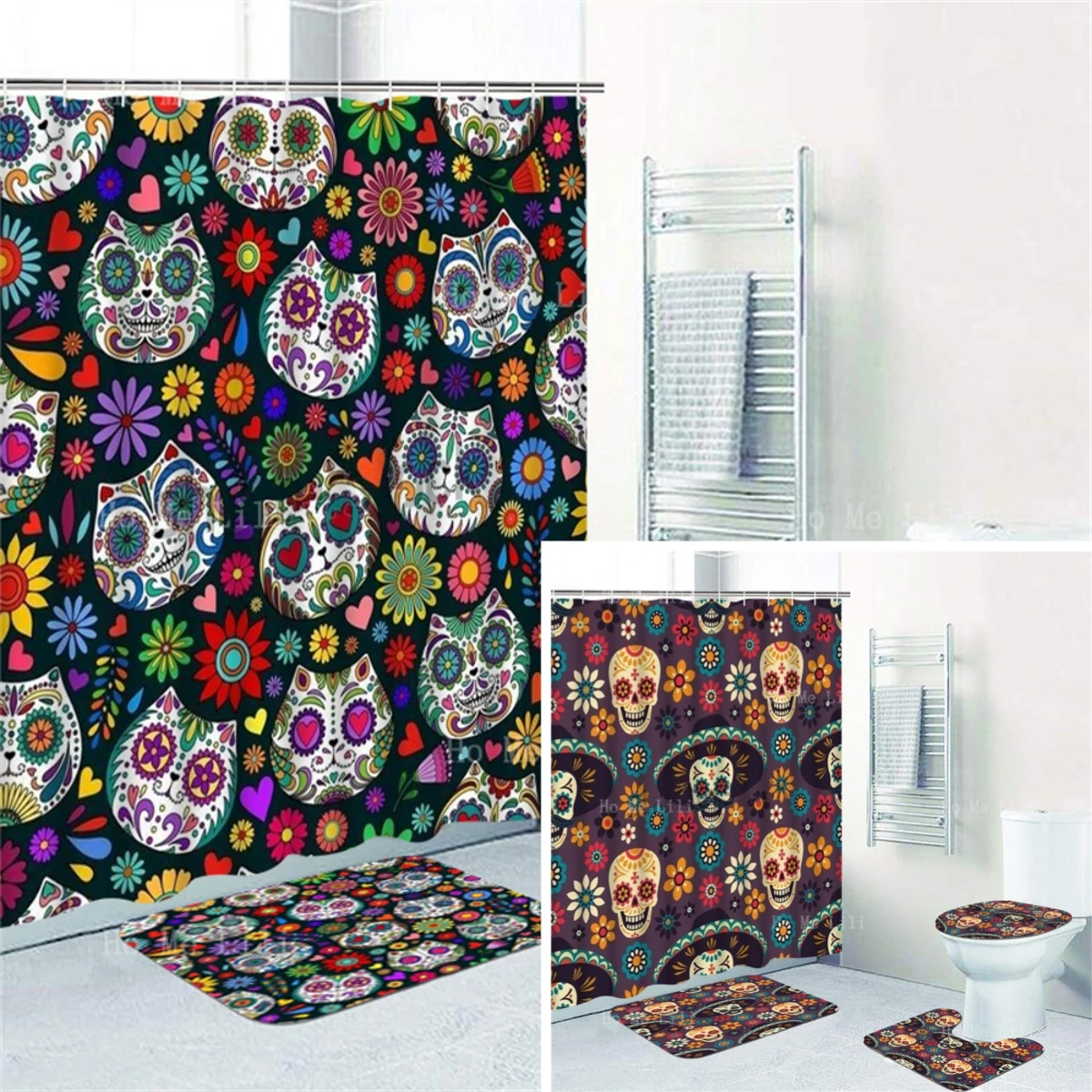 Day Of The Dead Sugar Skull Flower Mexican Art Shower Curtain Sets With Rugs