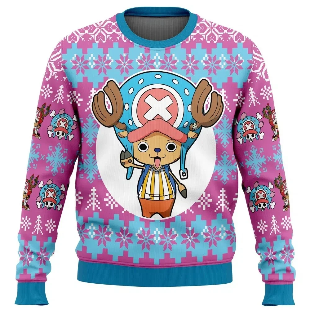 2026 Japanese Anime One Piece 3D Christmas Round Neck Hoodie Men Women Autumn Winter Warm Comfort Ugly Sweater Casual Clothing