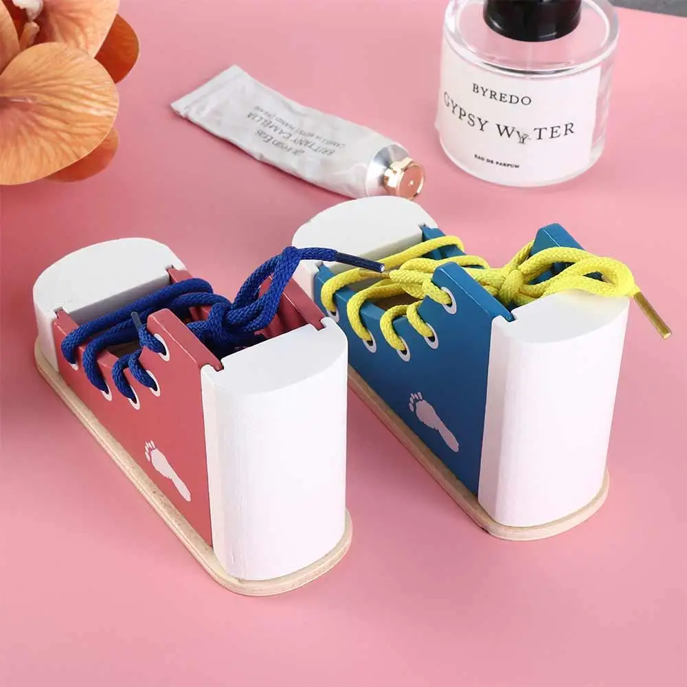 Tie Shoes Wooden Shoelace Toys Puzzle game Lacing Shoes Wearing Shoes with Shoelaces Toy Wood Lacing Sneaker