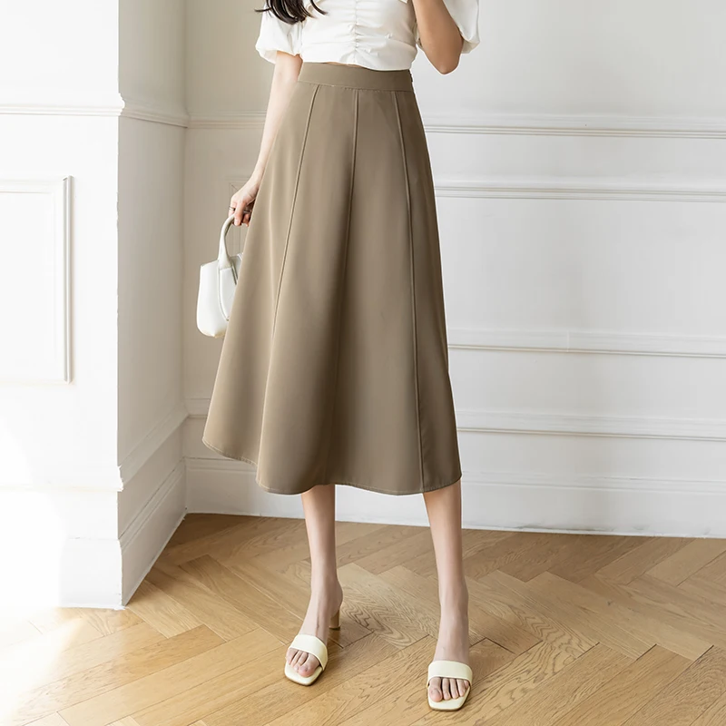 Seoulish 하이 웨이스트 대형 스윙 A라인 스커트, 우아한 단색 오피스 레이디 캐주얼 패치워크 여성 스커트, 2024 가을 신상