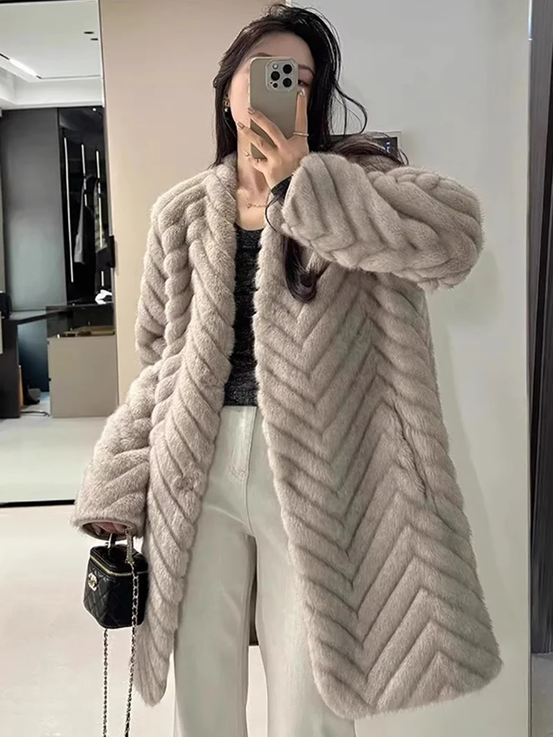 ZADORIN Luxury V-neck Long Faux Mink Fur Coat Women Winter Herringbone Fluffy Faux Fur Jacket Plush Outerwear Elegant Overcoat