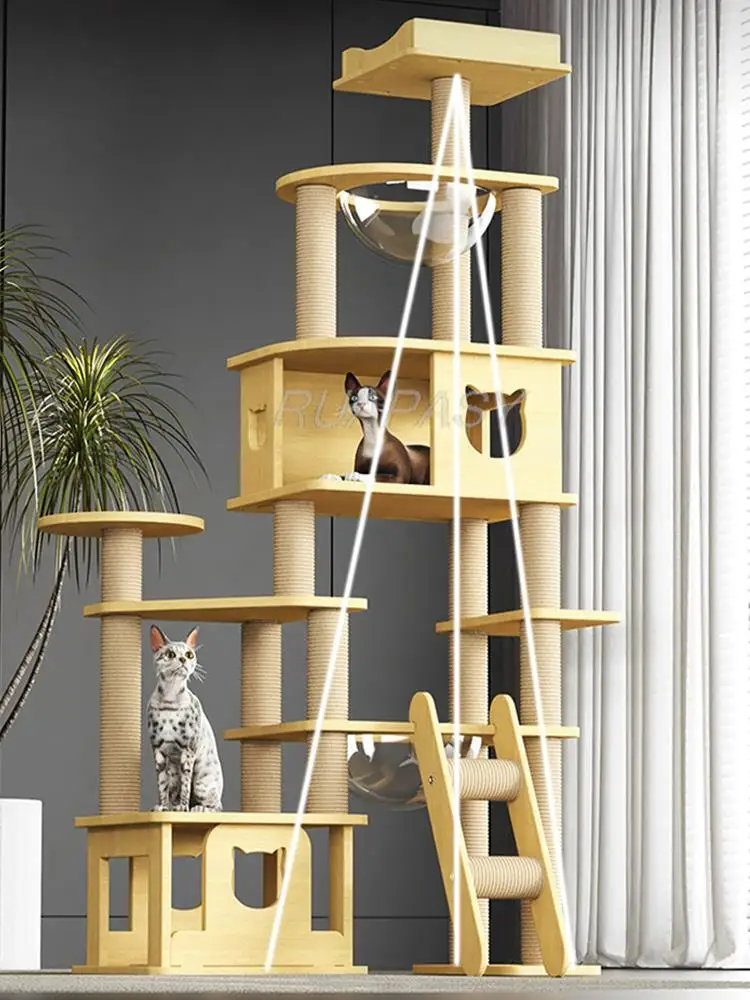 Multi-Level Wood Cat Tree Nest Pillar Cat Climbing Scratching Frame Shelf Space Capsule Scratcher Post Jumping Platform Tower