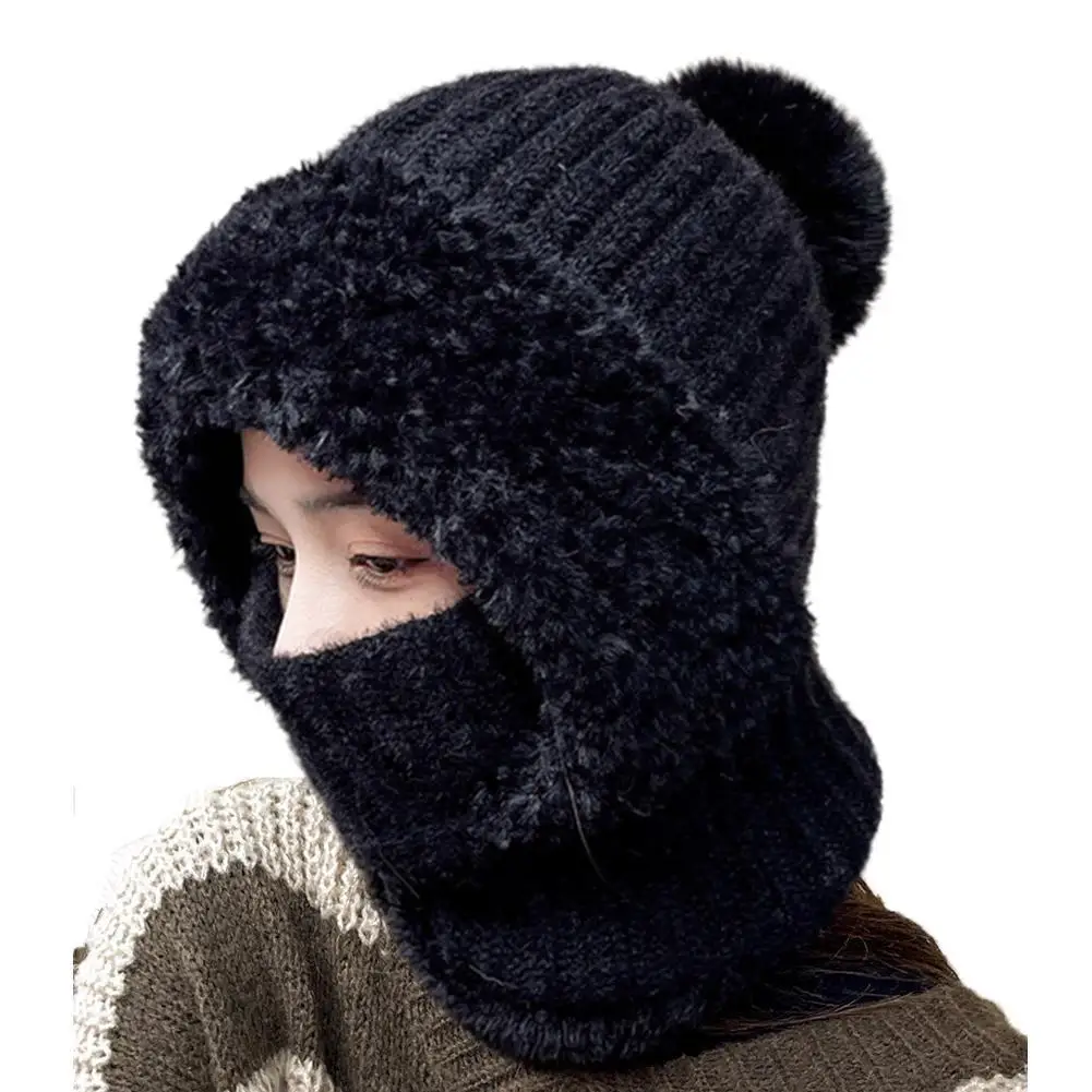 

Winter Fleece Lined Knitted Hat with Ear Flaps, Windproof and Warm Hooded Neck Gaiter for Outdoor Cycling
