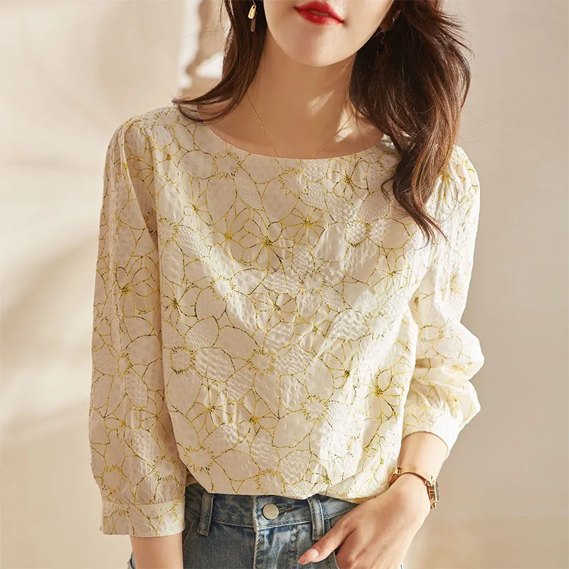 2024 Summer New Elegant Women Floral Print Shirt Round Neck Fashion Jacquard 3/4 Lantern Sleeve All-match Blouse Female Clothing