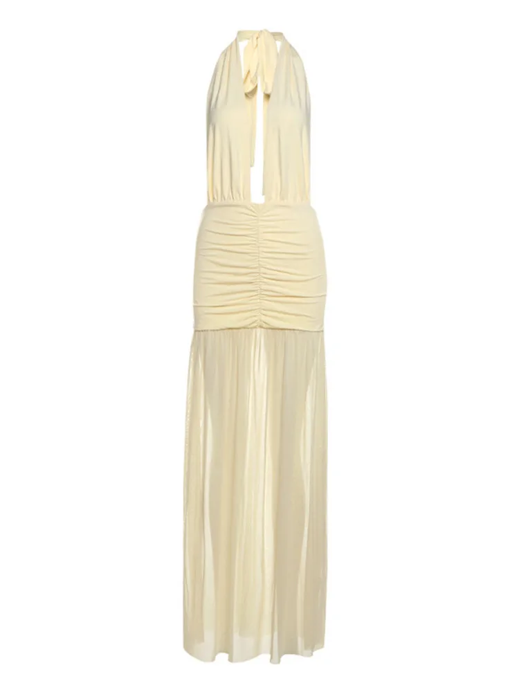 Arctic Cat เซ็กซี่ตาข่าย Patchwork ลึก V คอ Halter ชุดผู้หญิงแขนกุด Backless Bodycon Party Club ชุดราตรีวันหยุด