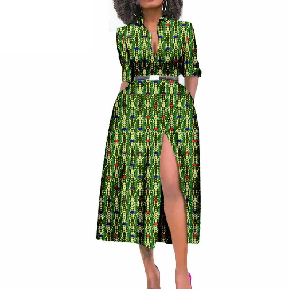 

African Dresses for Women Short Sleeve High Waist Elegant Print Casual Outfits Dress Dashiki V-neck Open Sexy Midi Dress Ankara