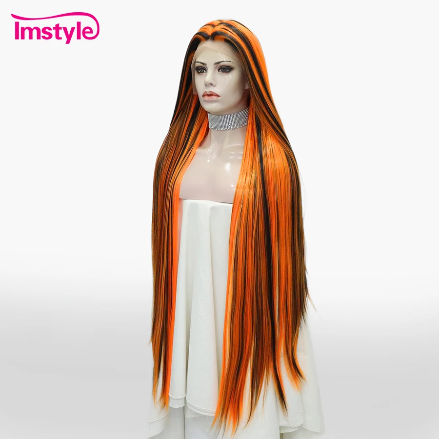 Imstyle 44'' Super Long Wig Synthetic Lace Front Wig Orange Highlight Black Wigs For Women Heat Resistant Fiber Cosplay Wig