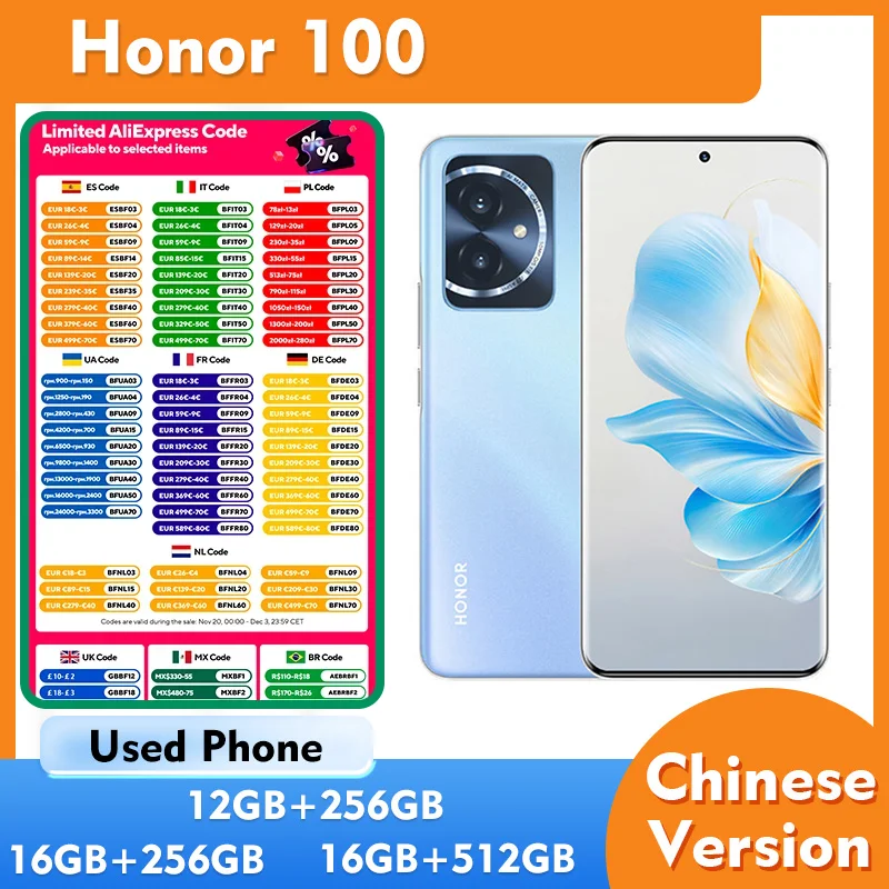 Honor 100 5 г 6,7 дюйма 2664x1200 пикселей Процессор Snapdragon 7 Gen3 50 МП Sony IMX906 100 Вт Зарядка 5000 мАч Б/у Телефон