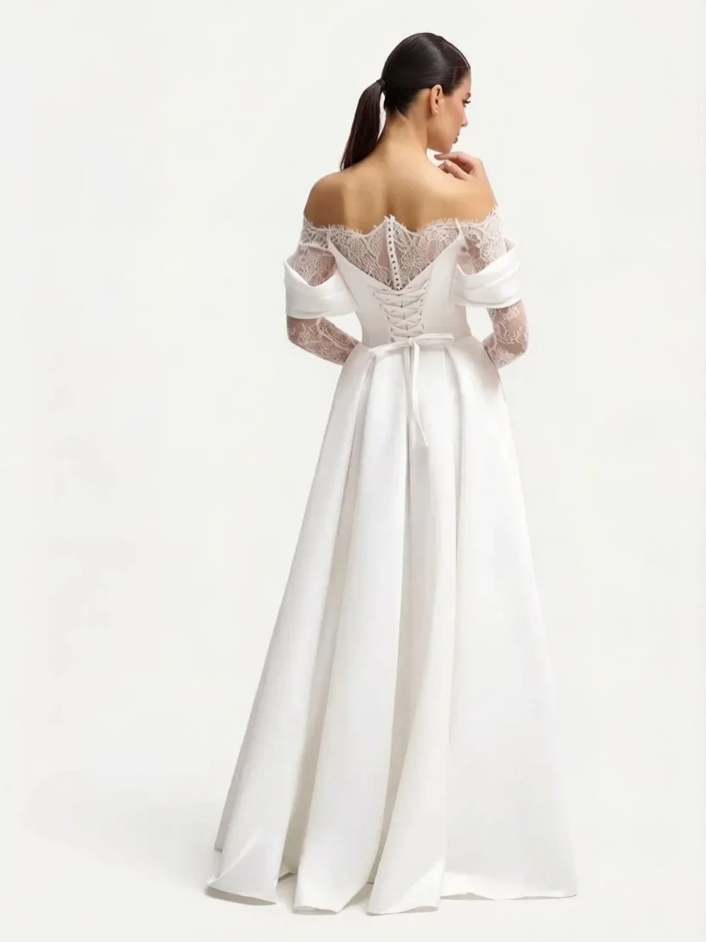 Toofgon A Line Soft Satin Bride Wedding Dresses Customized Lace Long Sleeves Bridal Dress Corset Slit Wedding Photography Gowns