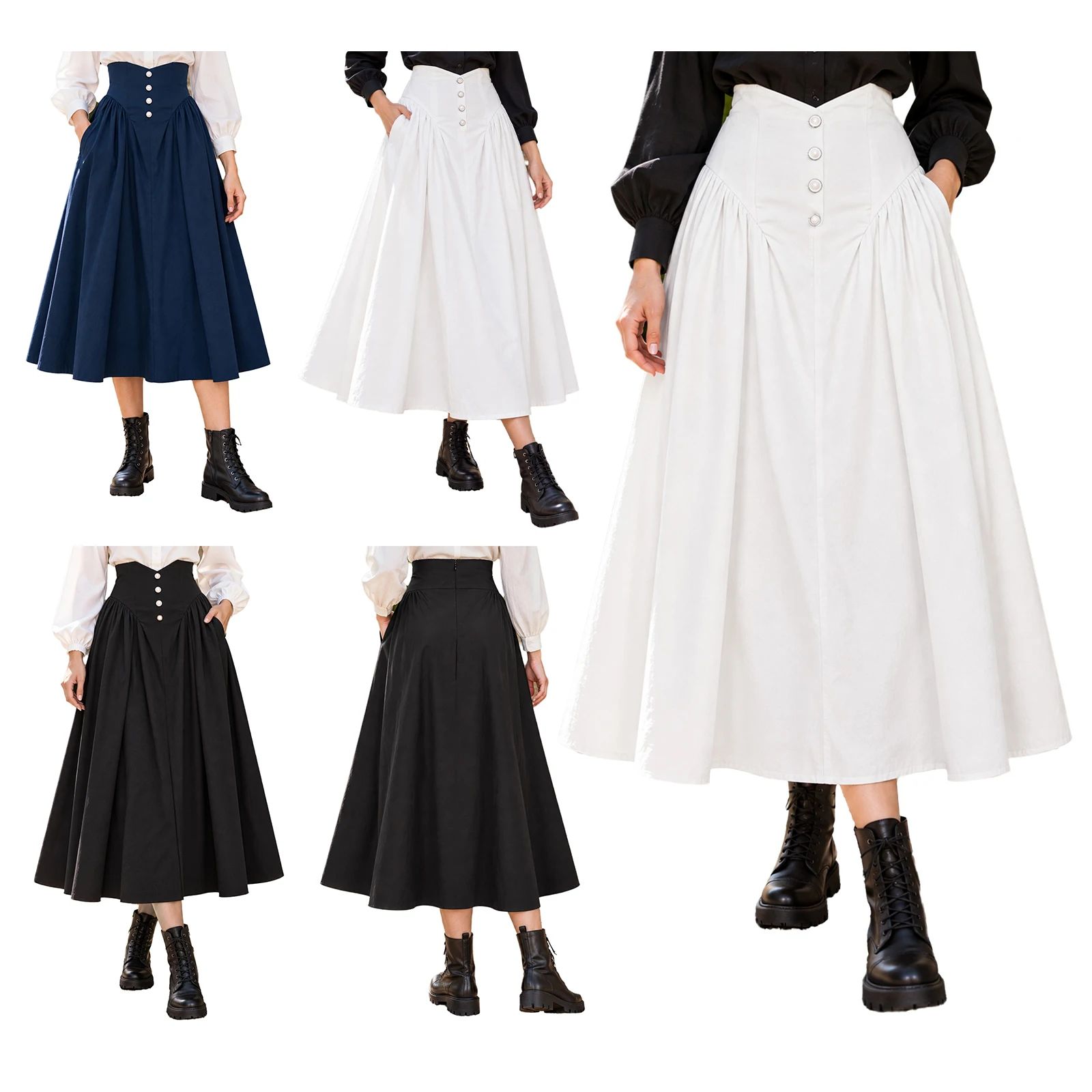 Womens Medieval Renaissance Victorian Skirt High Waist A-line Ruffled Skirts with Pockets Halloween Party Costume Streetwear view 5
