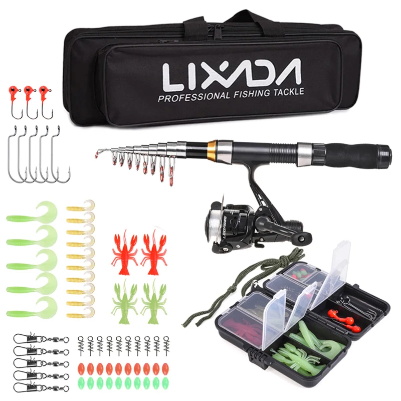 Lixada Fishing Rod Reel Combo Full Kit w 2.1m 2.3m Telescopic Fishing Rods 2PCS Spinning Reels Set Soft Lures Barrel Swivels Bag