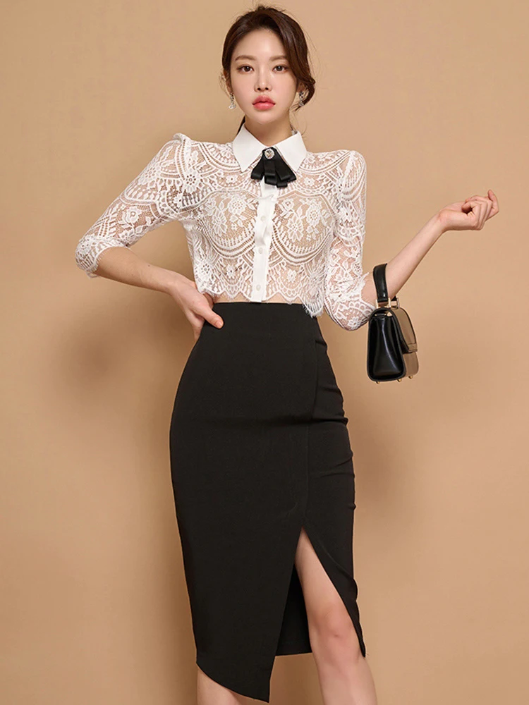 Summer Sexy 2 Piece Outfit Elegant Office Women Vintage Lace See Through Short Tops Shirt Blouse High Waist Midi Skirt Mujer Set