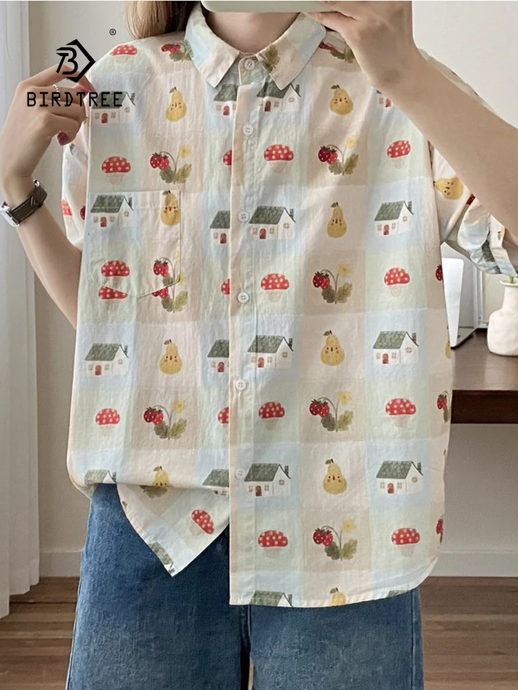 New Spring Cotton Cartoon Printed Shirt Women Lapel Short Sleeve Blouse Girl Casual Sweet Chic Loose Top 2024 Autumn T45414QC