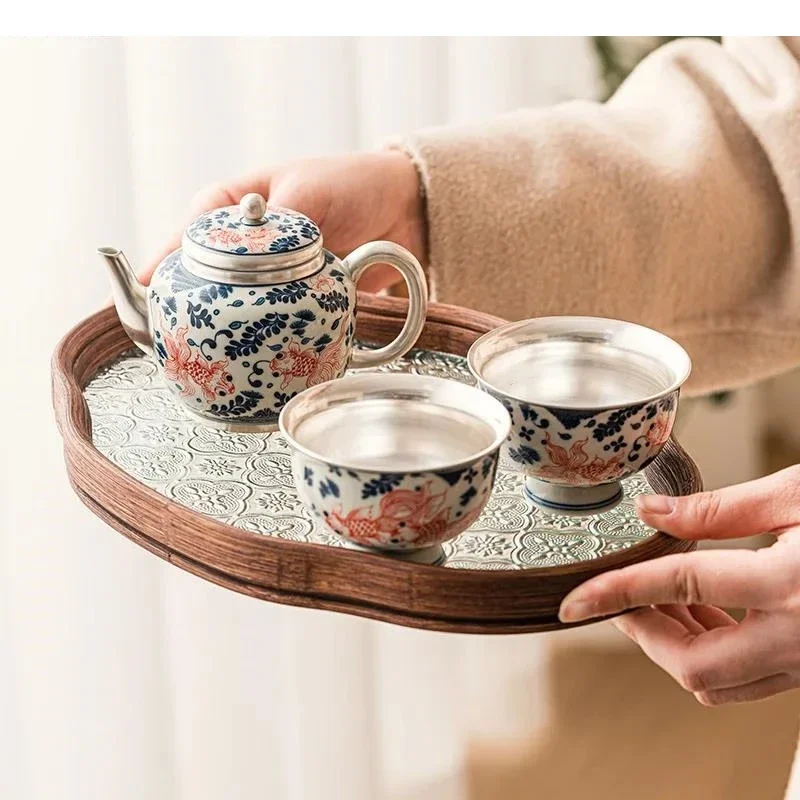 Gilded Silver Ceramic Tea Set Goldfish Teas Kettle with Filter One Pot Two Cups Glass Tray Kung Fu Making Utensils