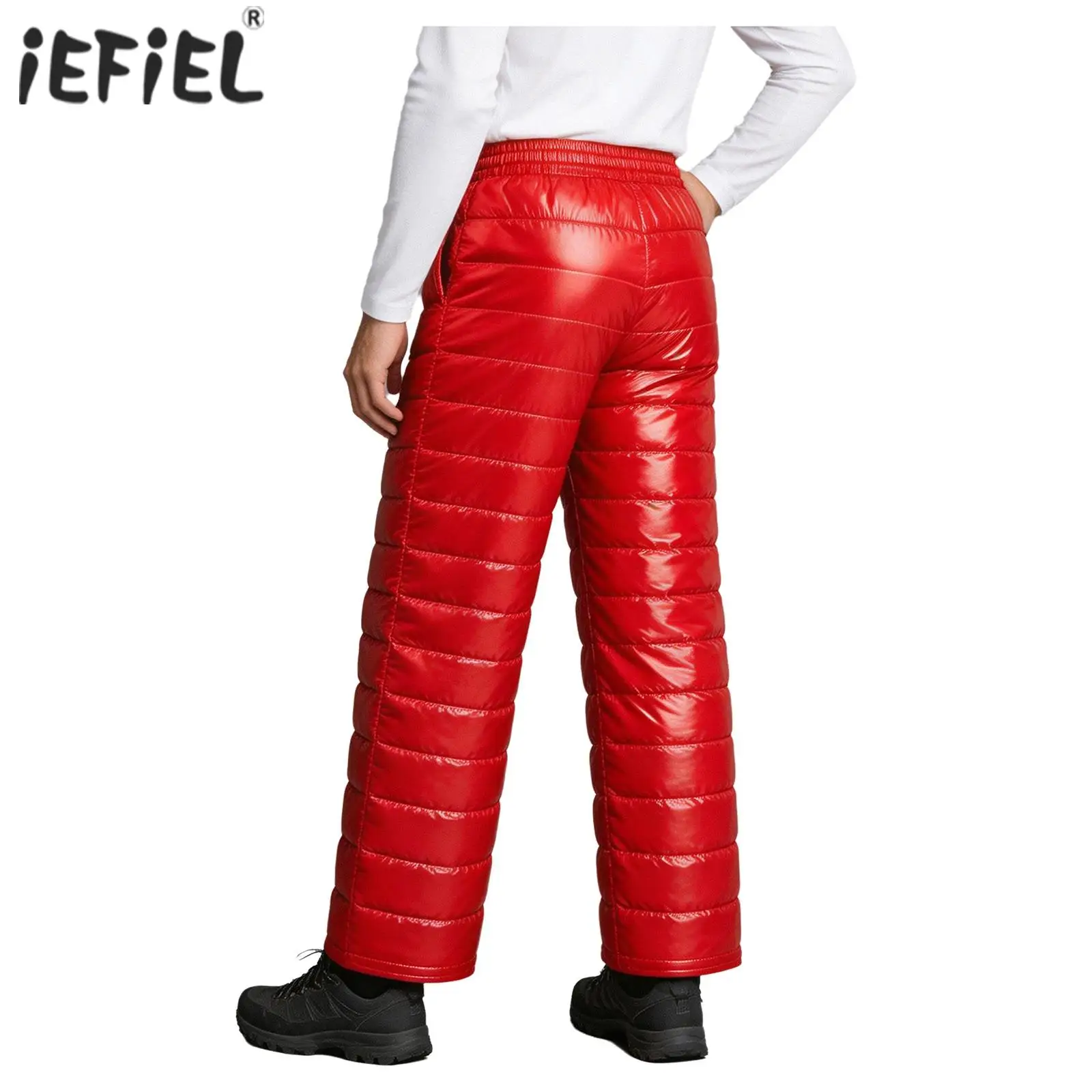 Herren Casual Gesteppte Pufferhose Glänzende Elastische Taille Gesteppte Weite Hose Doppelte Druckknöpfe Warme Winterhose