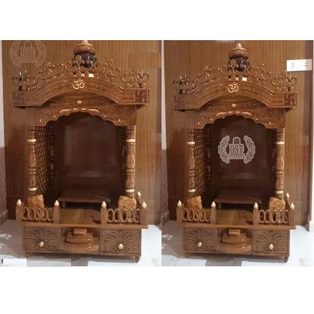 Solid Quality Teak Wood Pooja Mandir Handcrafted Antique Brown Temple For Home Devoted Wooden Carving Temple at Factory Prices