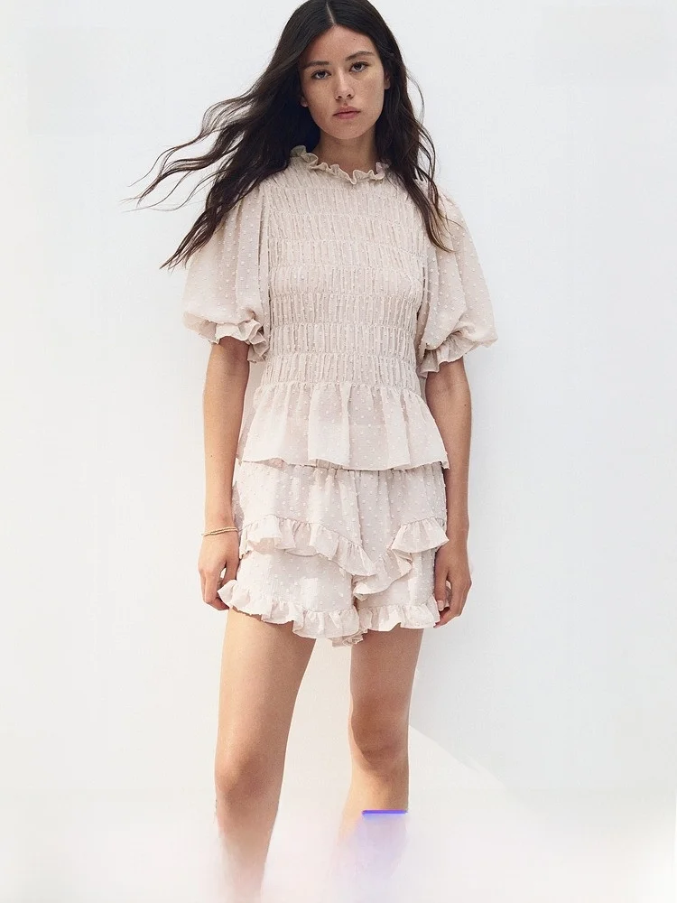 

H&M Women's irt Spring 2025 New Pleated Dot Tulle Top Polyester Fiber 00% Summer Collection Faion Ladies' irt