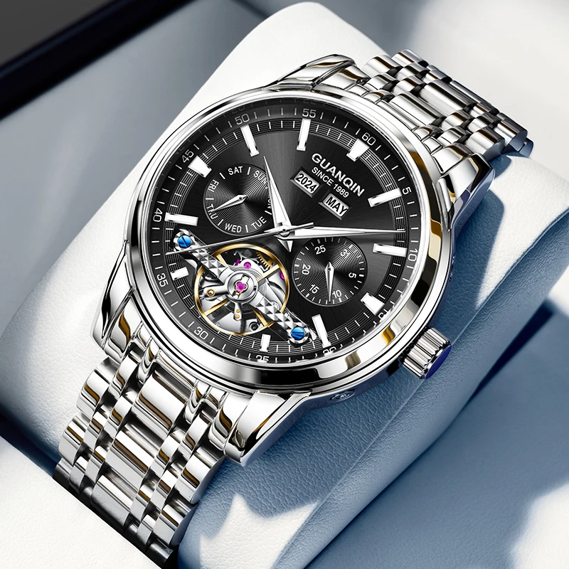 Мужские часы GUANQIN, роскошные оригинальные автоматические механические часы со скелетом, стальная дата, неделя, деловые водонепроницаемые часы для отдыха для мужчин Мужские часы GUANQIN, роскошные оригинальные автоматические механические часы со скелетом, стальная дата, неделя, деловые водонепроницаемые часы для отдыха для мужчин