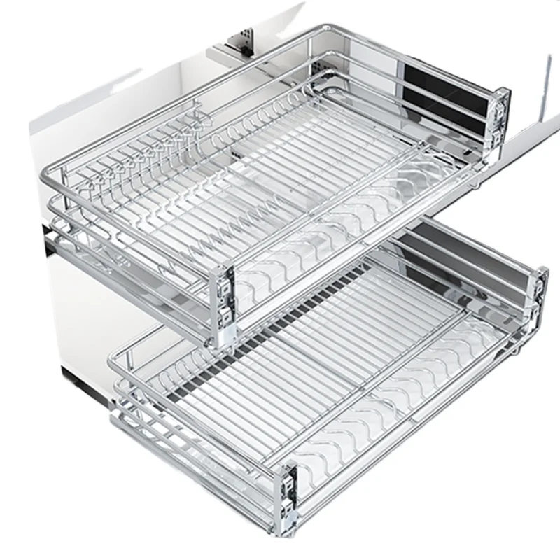 

Cabinet pull-out drawer basket organizer 2-layer steel pull-out basket with mesh