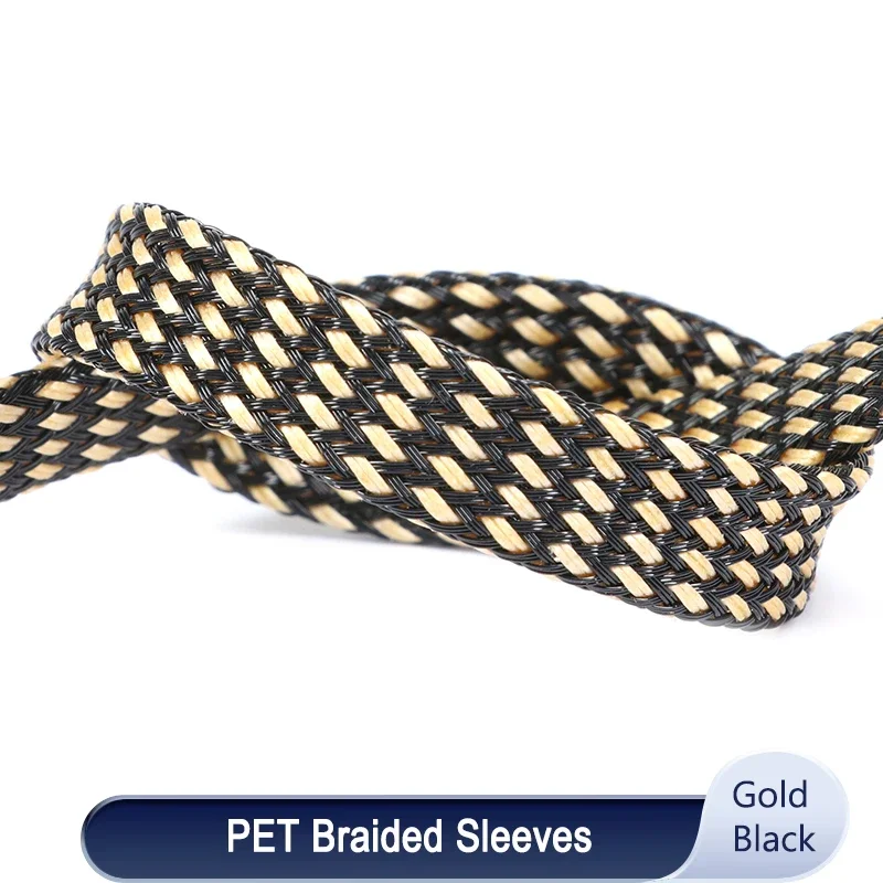 1~50m Gold-Black PET Braid Sleeve 2~40mm High Density Insulated Wire Protector Snake Skin Cable Wrap Sheath