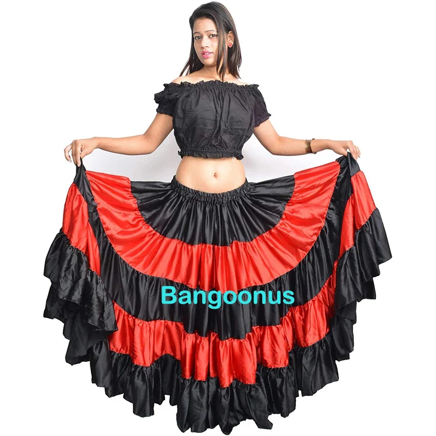 Kobiety czerwony tradycyjny hiszpański spódnica Flamenco Gypsy strój do tańca w paski satynowa gładka duża huśtawka spódnica brzucha wydajność 90cm