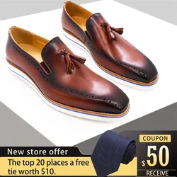 New style leather casual men's shoes luxury fashion flat tassel handmade shoes square toe loafers banquet men's dating shoes