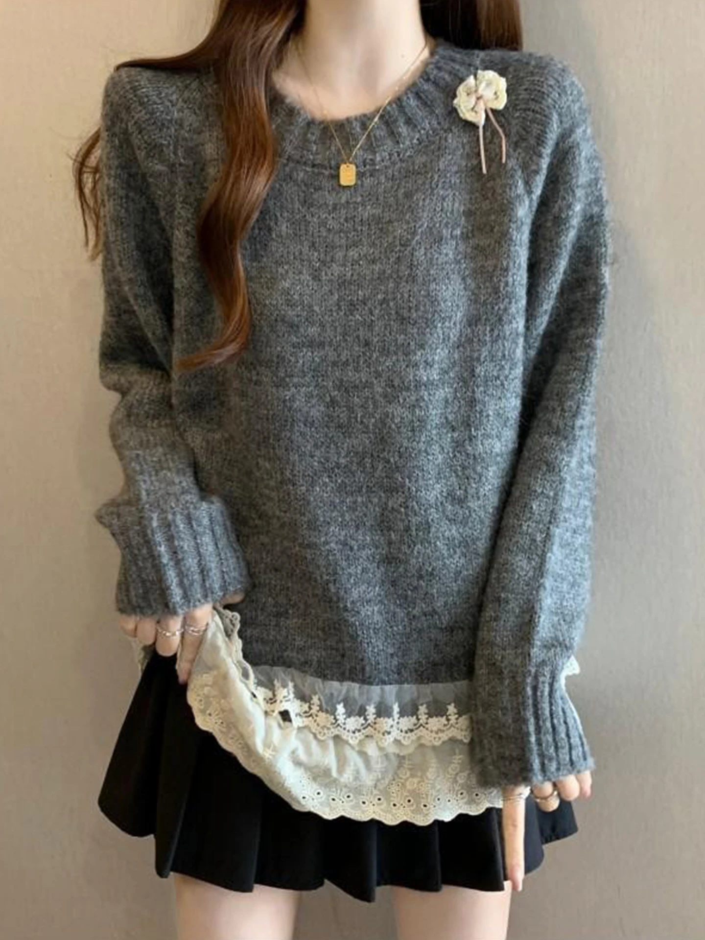 

Sweet Lace Trim ey Sweater Women's Autumn Winter plus Size Loose Knitted Top Commute Sle Comfortable Warm Faionable
