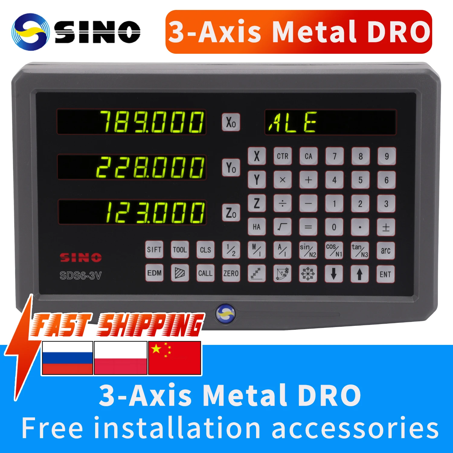 Металлическая версия SINO SDS6-3V, 3-осевой цифровой считыватель, DRO-дисплей, большой экран для токарного станка, шлифовального станка, фрезерования