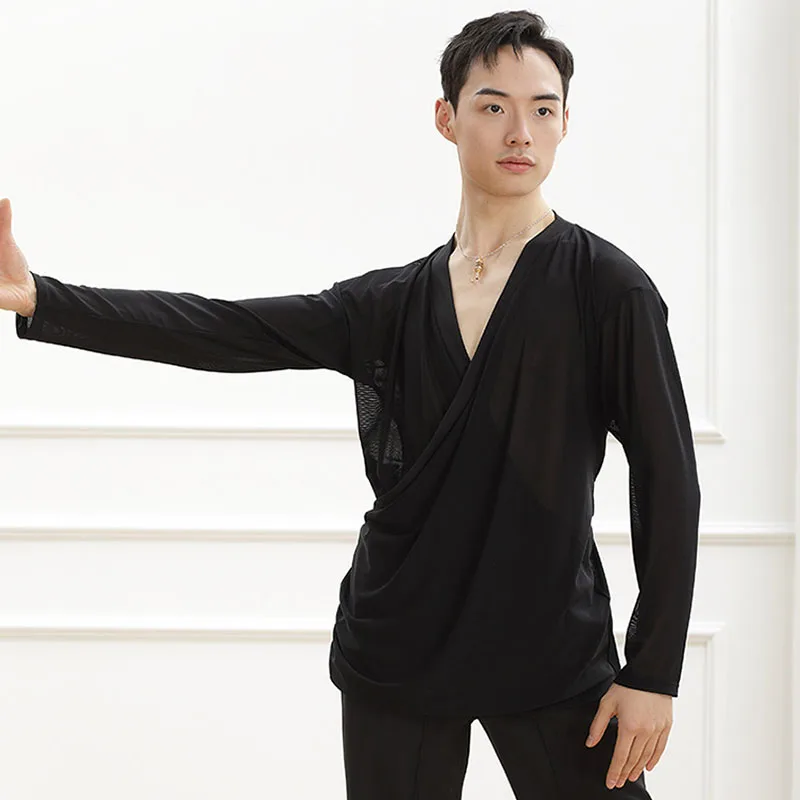 

Одежда для латинских танцев для мужчин, черный свободный топ с длинными рукавами, мужские топы с V-образным вырезом, латинские топы для взрослых, одежда для тренировок по ча-ча-румбе, белый цвет, 5258