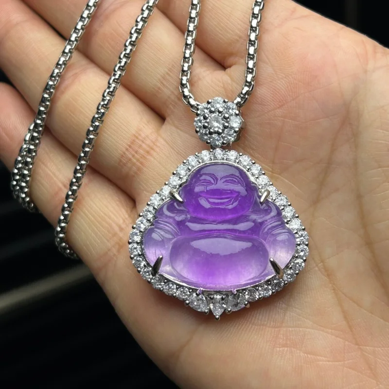 Certified Natural A high Ice purple  jade Jadeite Carved Buddha Pendant&Necklace