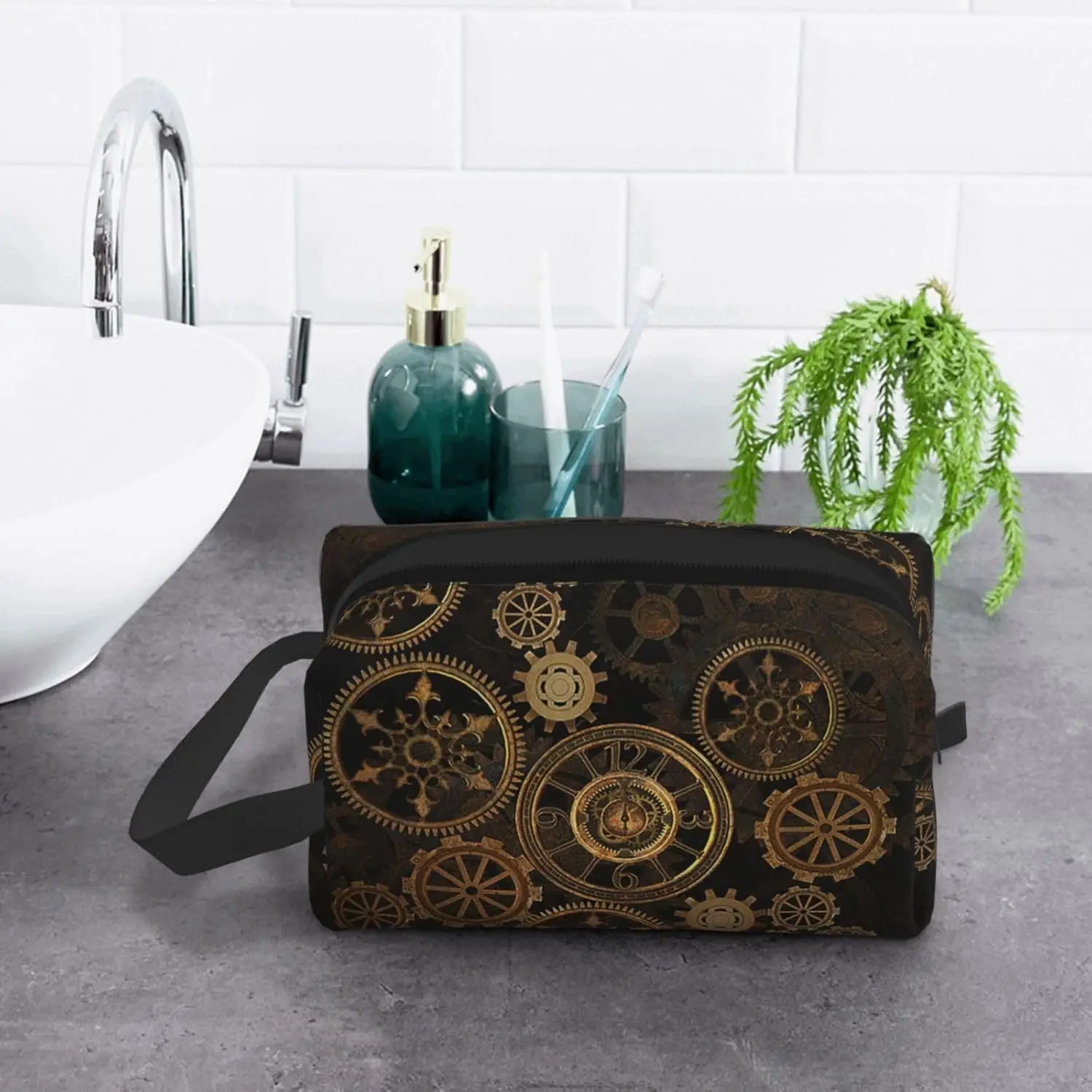 

Gears Clock Bronze Century Print Large Capacity Cosmetic Organizer for Women and Men Portable Travel Makeup Pouch